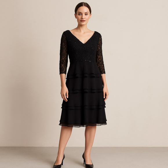 Tadashi Shoji Dresses & Skirts - Women's Tadashi Collection Black Lace Tiered Midi Dress Size 6